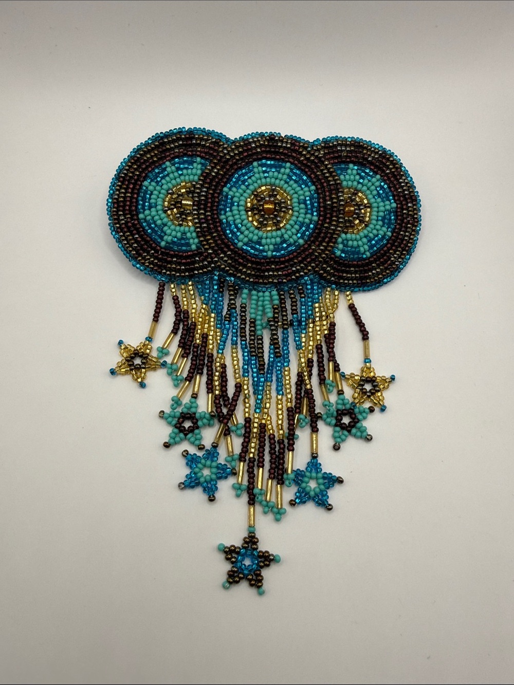 Vintage Native American Style Blue Brown Gold Seed Beaded Star Hair Barrette